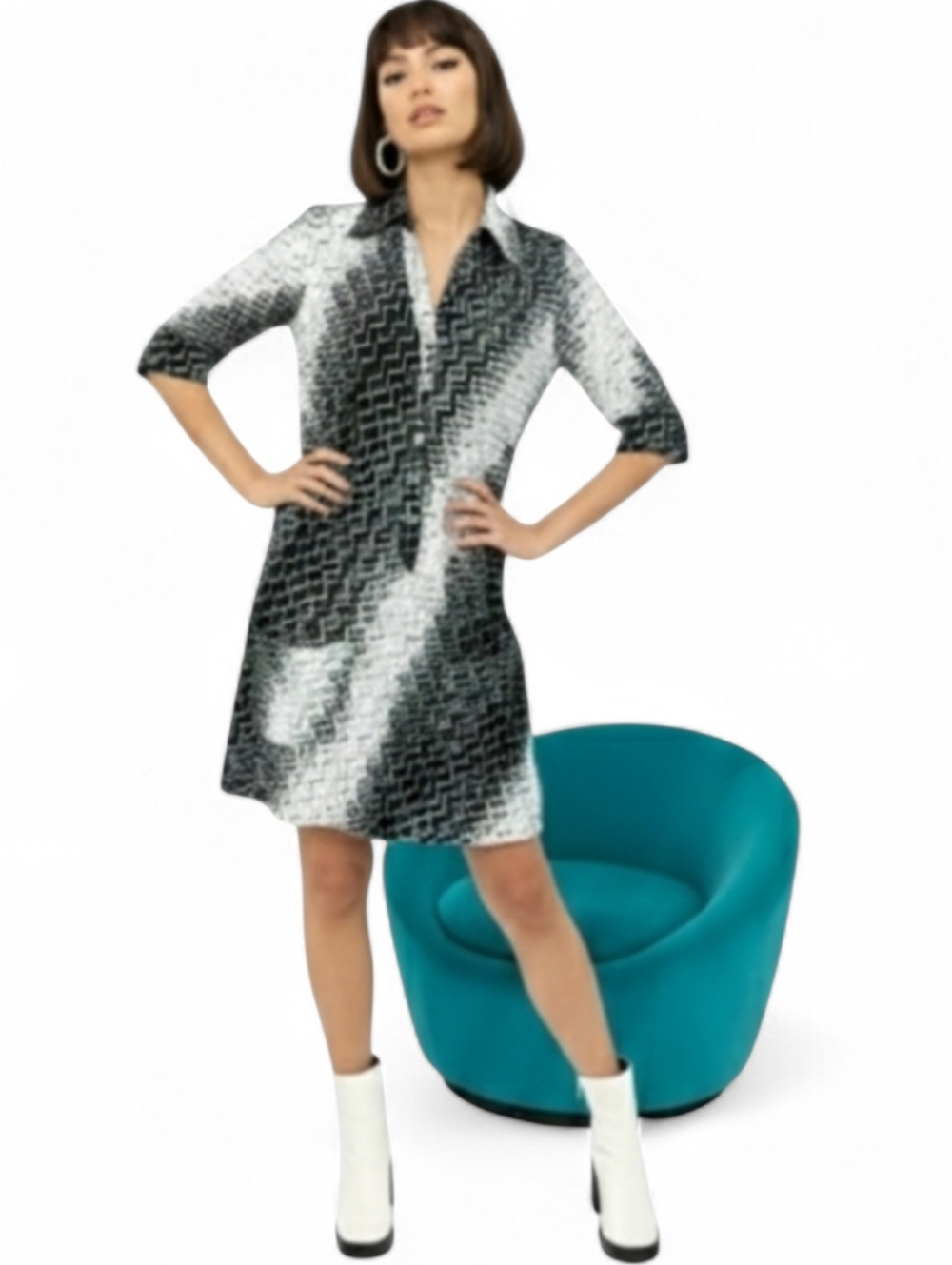 Vintage Mod Geometric Zig Zag Shift Dress Green Accent SZ M